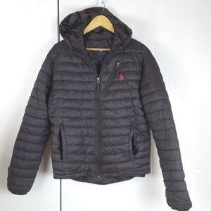 US Polo| Mens Black Classic Red Pony Hooded Puffer Coat Preppy Luxury Sz.M